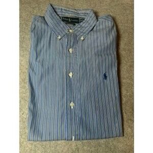 Ralph Lauren Classic Fit Striped Button Down Shirt Blue White Mens 16.5 L